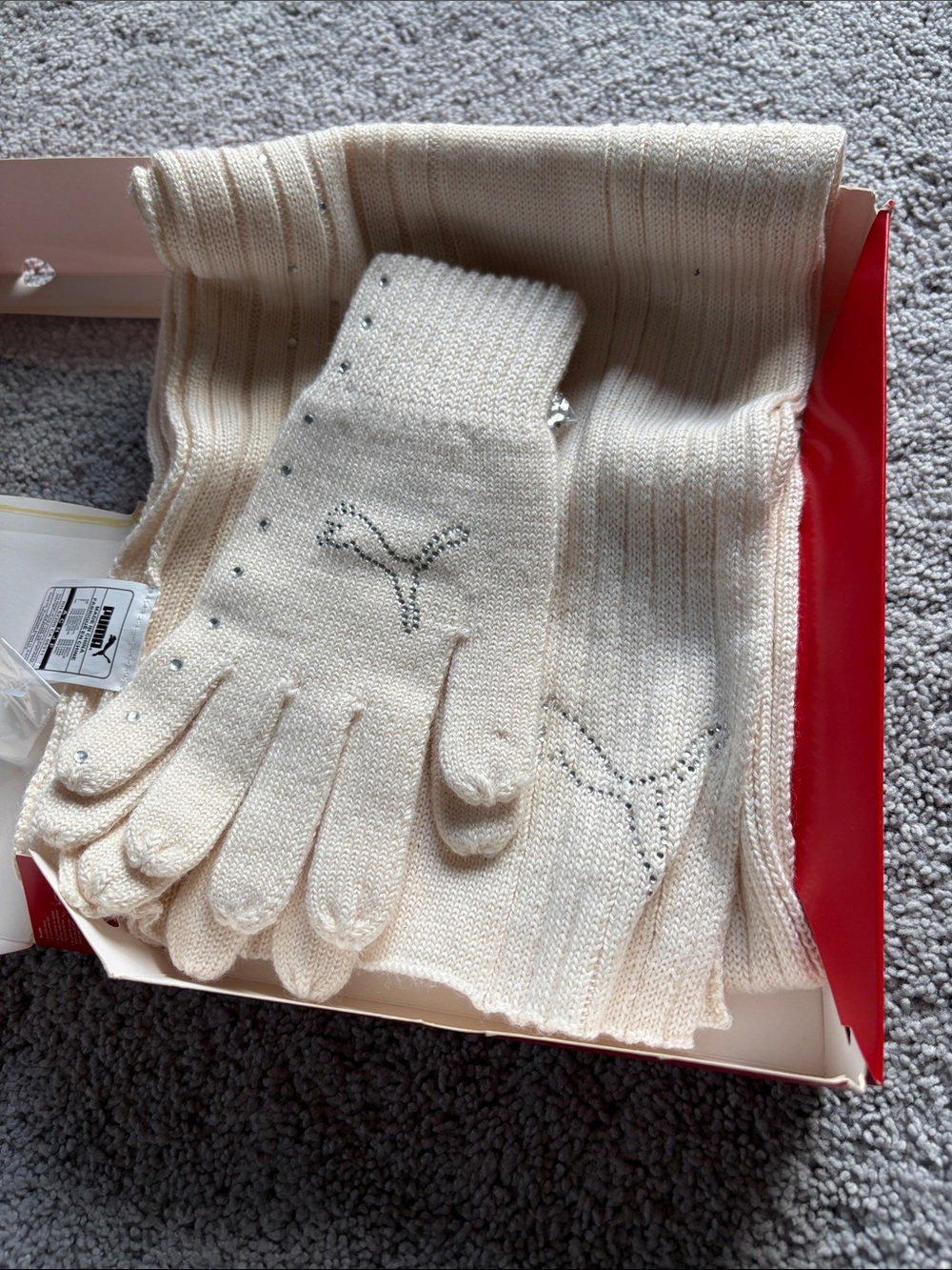 Puma Cream Knit Gloves and scarf with Rhinestone Logo Detail gift set